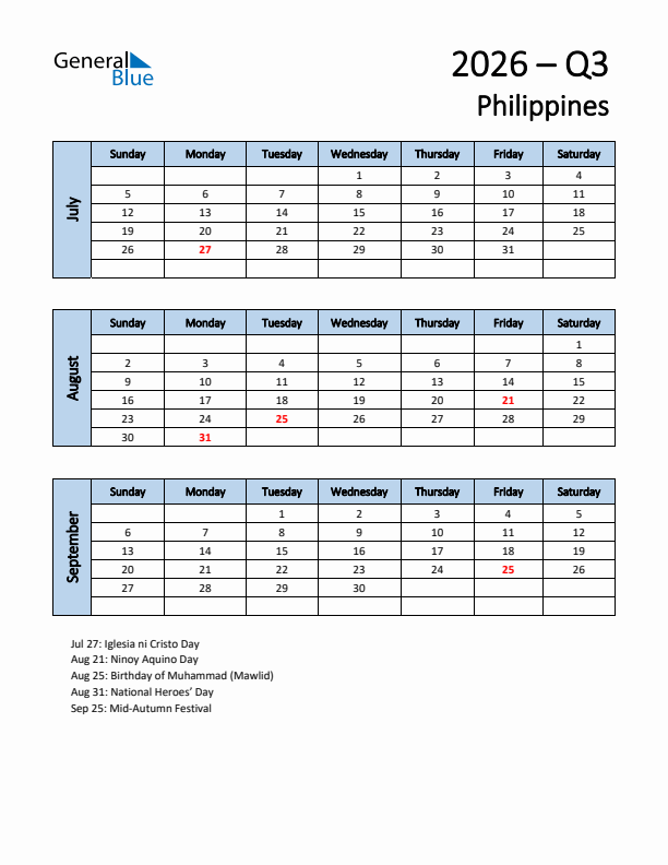 Free Q3 2026 Calendar for Philippines - Sunday Start