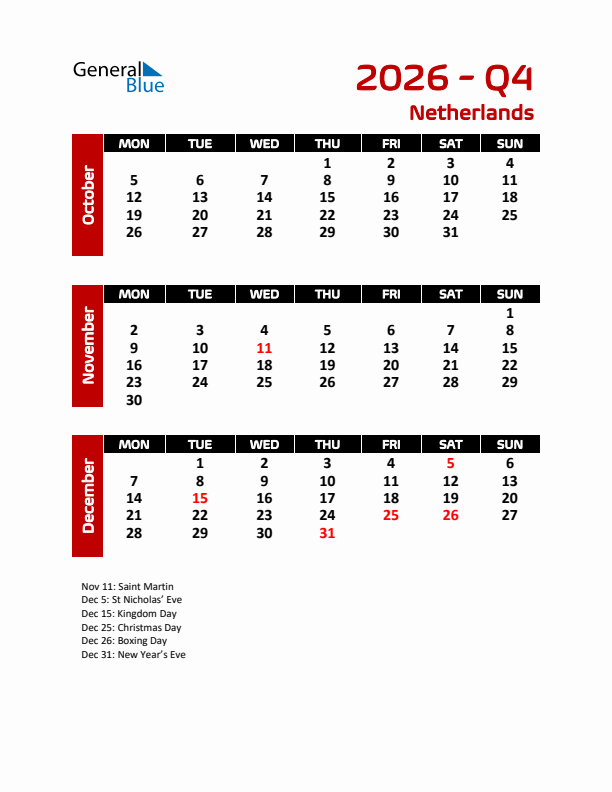 Three-month calendar for Netherlands - Q4 of 2026