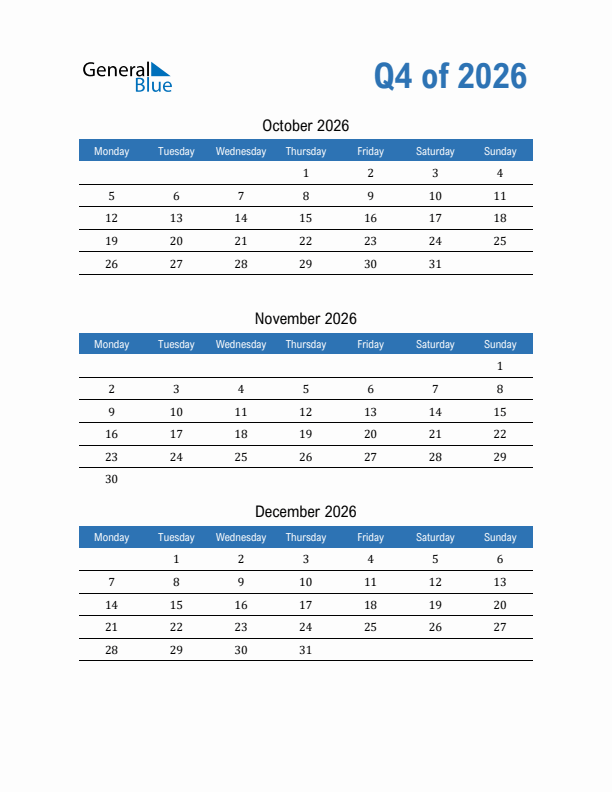 Fillable Quarterly Calendar for Q4 2026