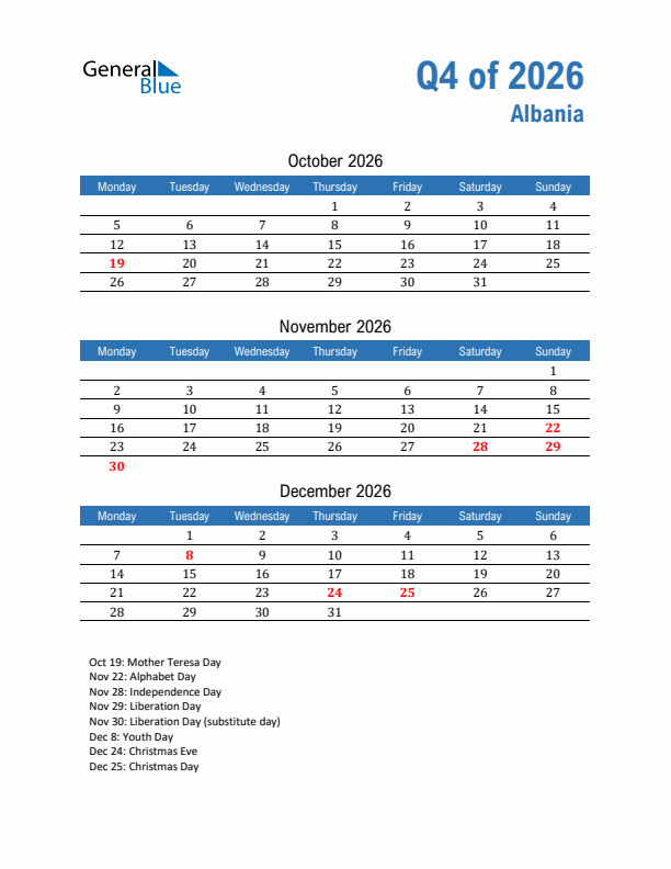 Albania 2026 Quarterly Calendar with Monday Start