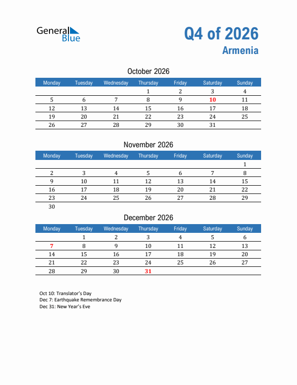 Armenia 2026 Quarterly Calendar with Monday Start
