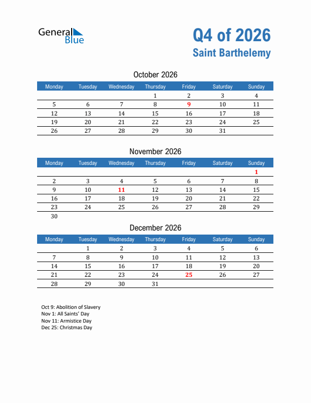 Saint Barthelemy 2026 Quarterly Calendar with Monday Start
