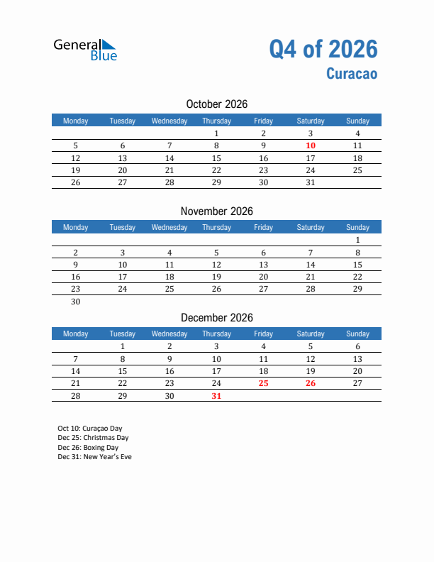 Curacao 2026 Quarterly Calendar with Monday Start