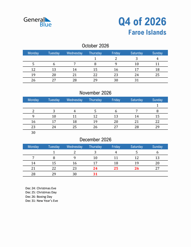 Faroe Islands 2026 Quarterly Calendar with Monday Start