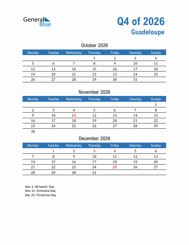 Guadeloupe 2026 Quarterly Calendar with Monday Start