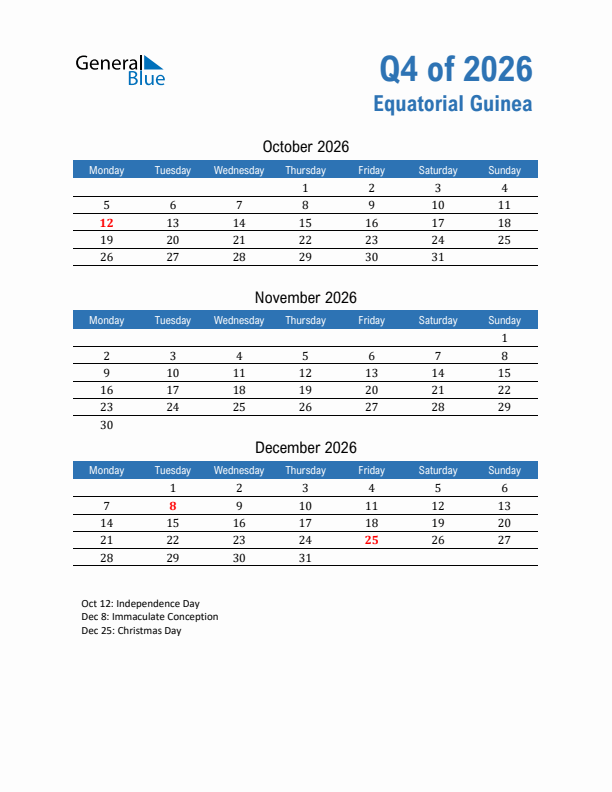 Equatorial Guinea 2026 Quarterly Calendar with Monday Start