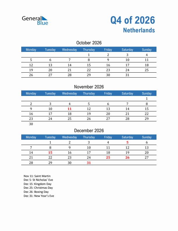 The Netherlands 2026 Quarterly Calendar with Monday Start