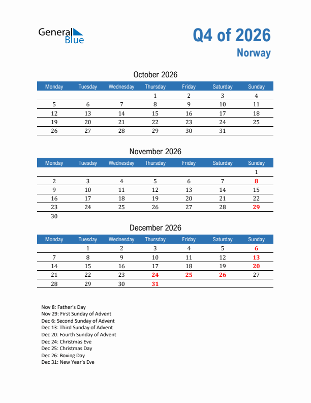 Norway 2026 Quarterly Calendar with Monday Start