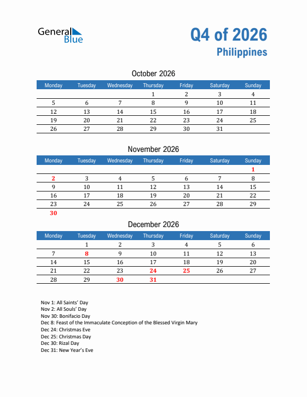 Philippines 2026 Quarterly Calendar with Monday Start