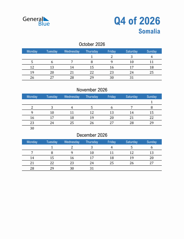 Somalia 2026 Quarterly Calendar with Monday Start