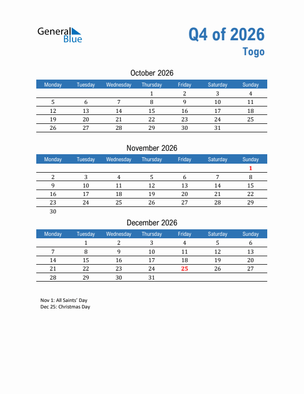 Togo 2026 Quarterly Calendar with Monday Start
