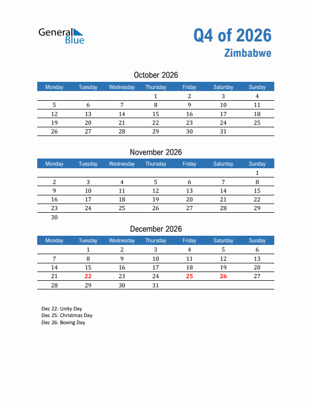 Zimbabwe 2026 Quarterly Calendar with Monday Start