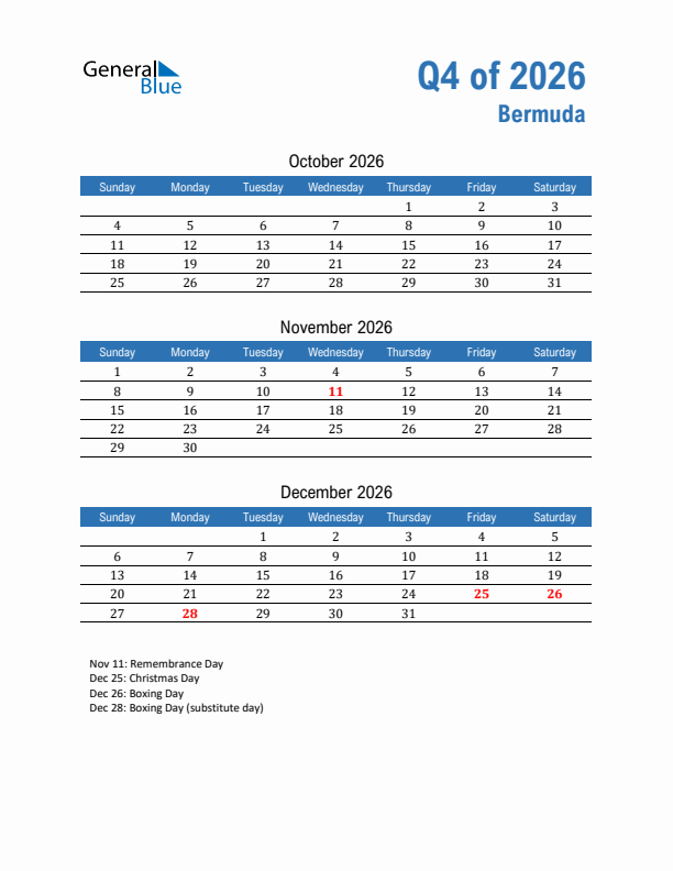 Bermuda 2026 Quarterly Calendar with Sunday Start