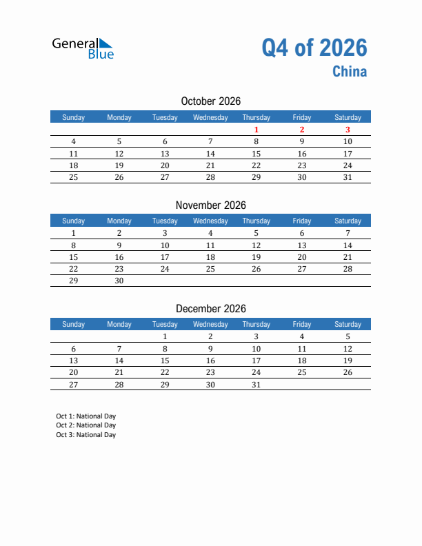 China 2026 Quarterly Calendar with Sunday Start