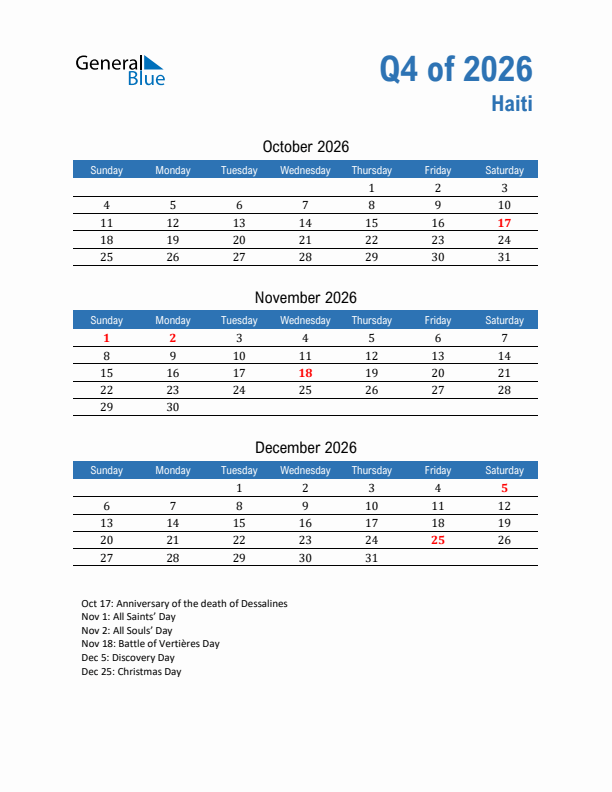 Haiti 2026 Quarterly Calendar with Sunday Start