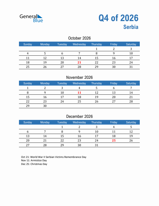 Serbia 2026 Quarterly Calendar with Sunday Start