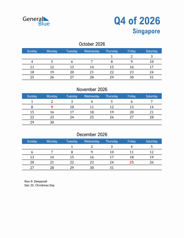 Singapore 2026 Quarterly Calendar with Sunday Start