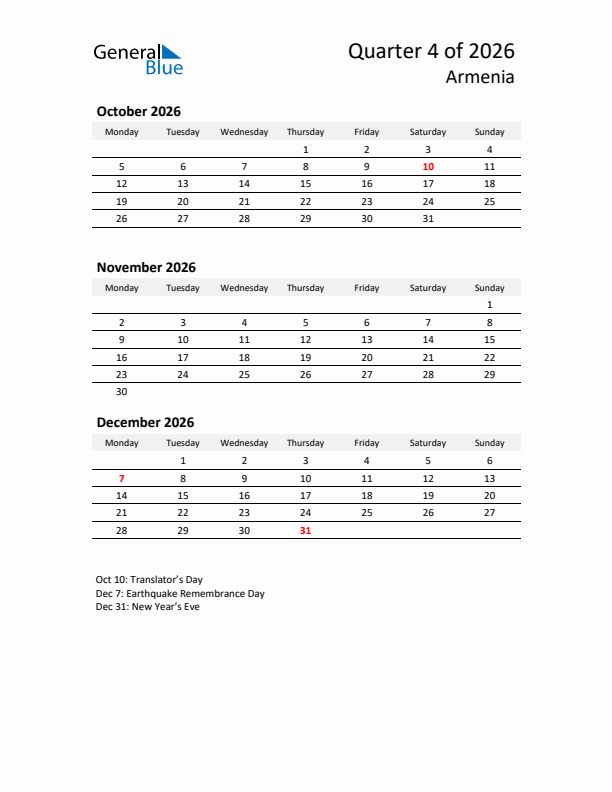 2026 Three-Month Calendar for Armenia