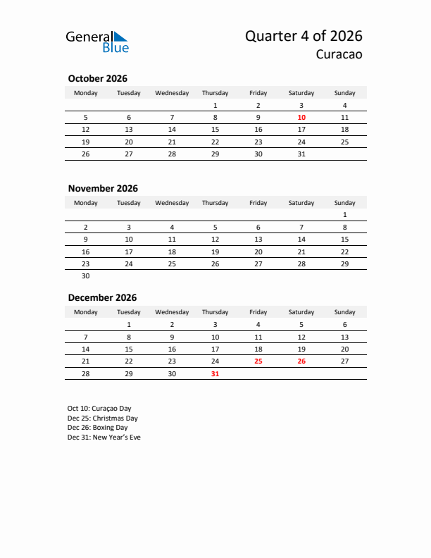 2026 Three-Month Calendar for Curacao