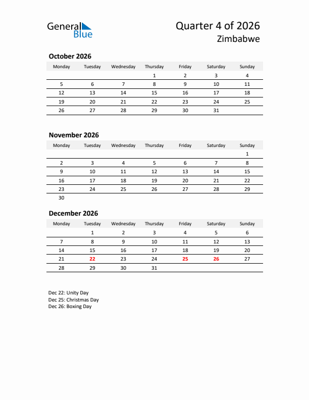 2026 Three-Month Calendar for Zimbabwe