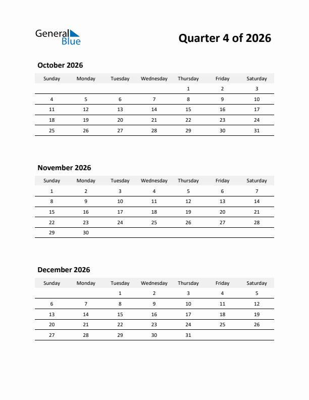 2026 Three-Month Calendar (Quarter 4)