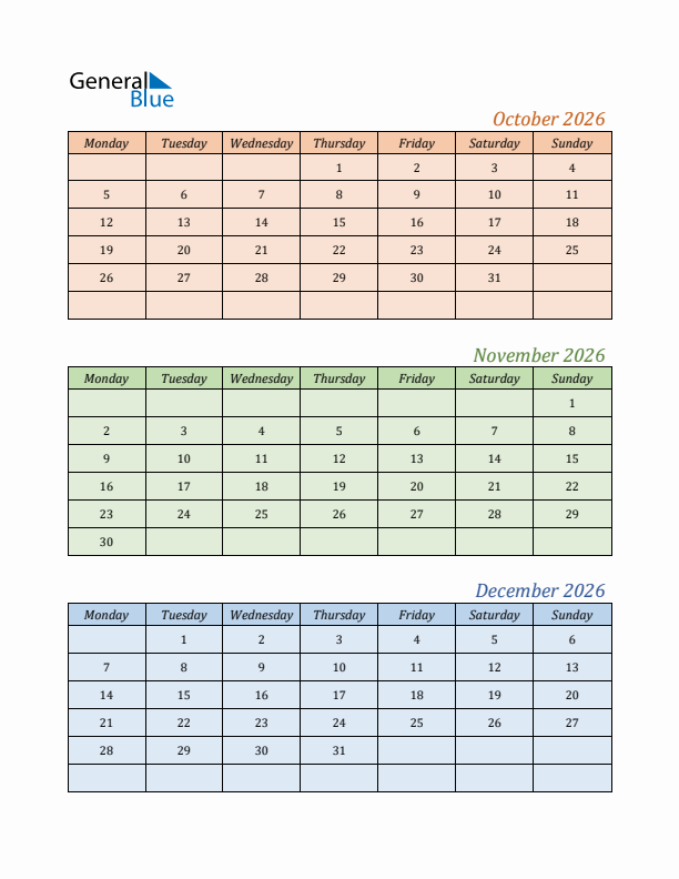 Three-Month Calendar for Year 2026 (October, November, and December)