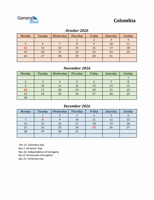 Q4 2026 Holiday Calendar - Colombia