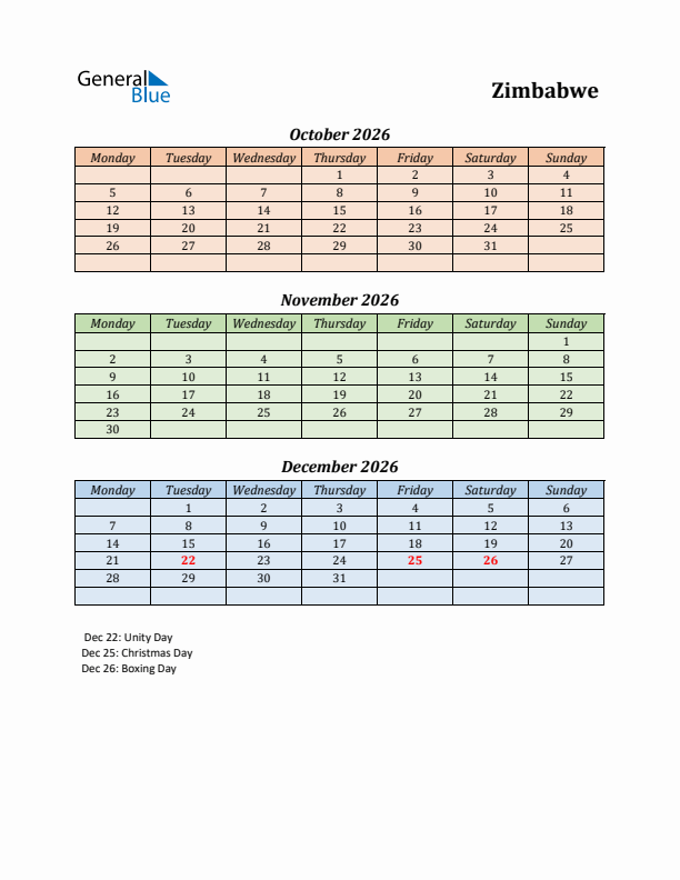 Q4 2026 Holiday Calendar - Zimbabwe