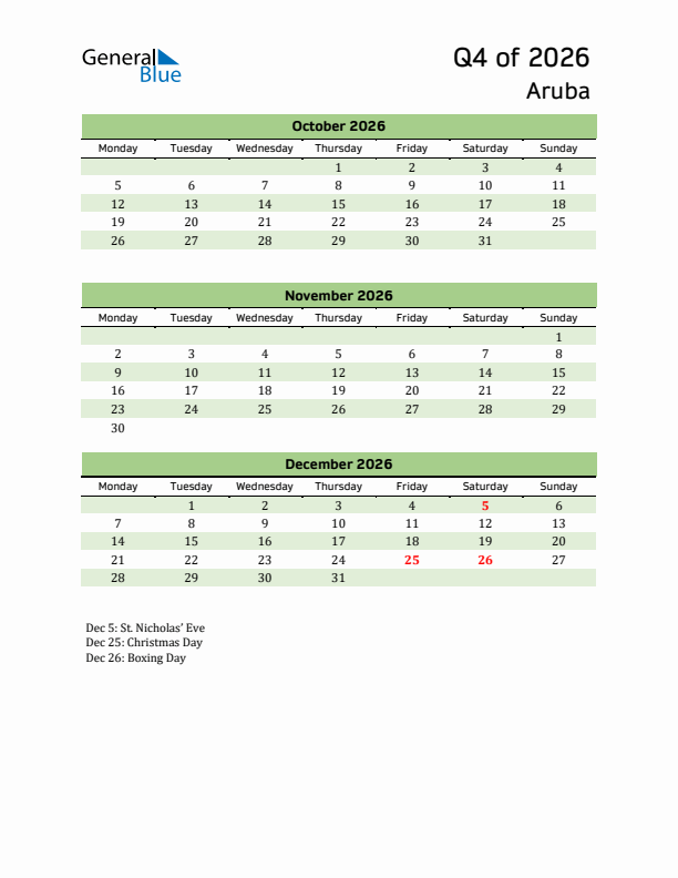 Quarterly Calendar 2026 with Aruba Holidays