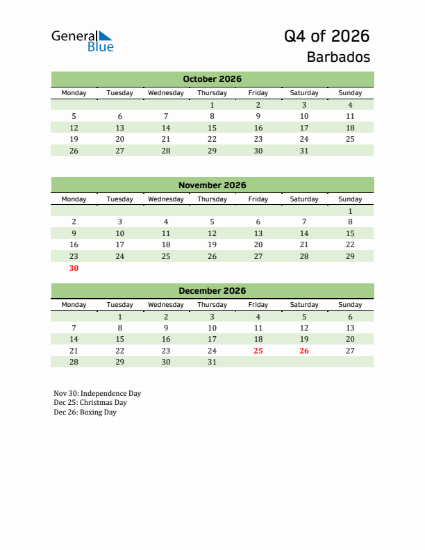 Quarterly Calendar 2026 with Barbados Holidays