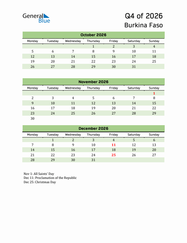 Quarterly Calendar 2026 with Burkina Faso Holidays
