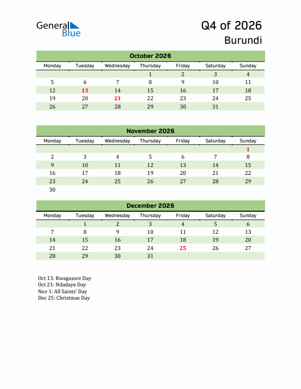 Quarterly Calendar 2026 with Burundi Holidays