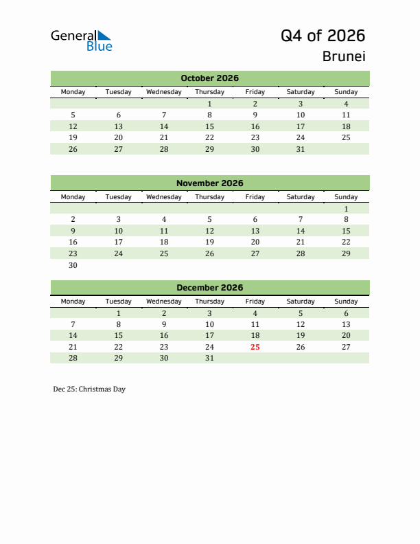 Quarterly Calendar 2026 with Brunei Holidays