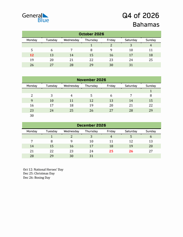 Quarterly Calendar 2026 with Bahamas Holidays