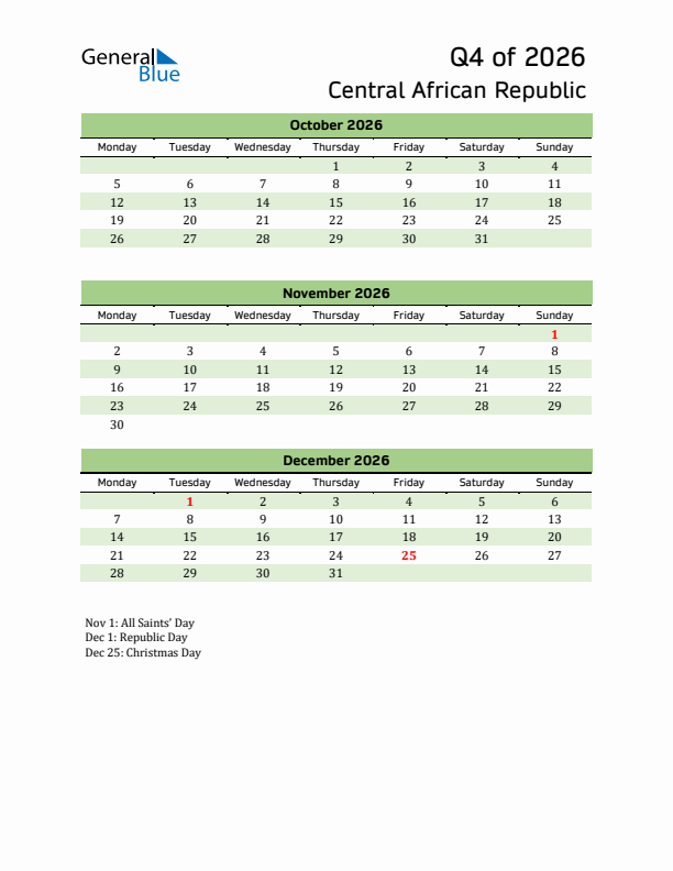 Quarterly Calendar 2026 with Central African Republic Holidays