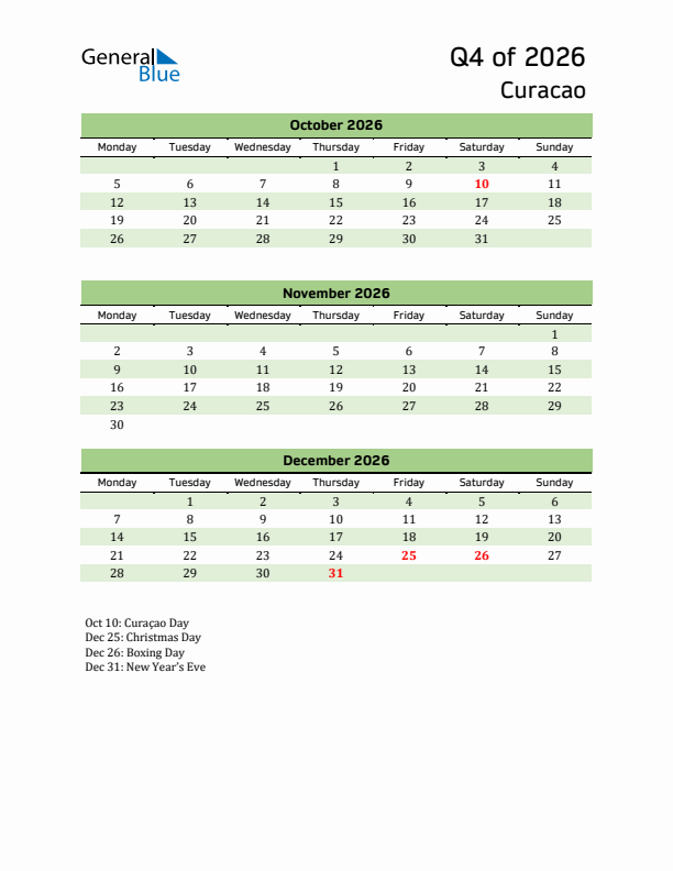 Quarterly Calendar 2026 with Curacao Holidays
