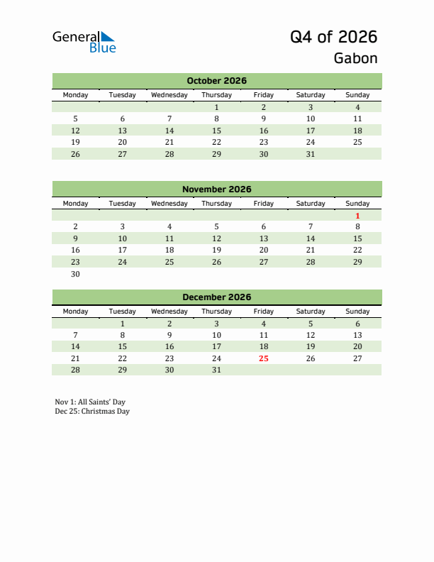 Quarterly Calendar 2026 with Gabon Holidays