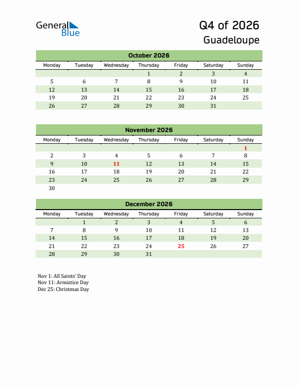 Quarterly Calendar 2026 with Guadeloupe Holidays