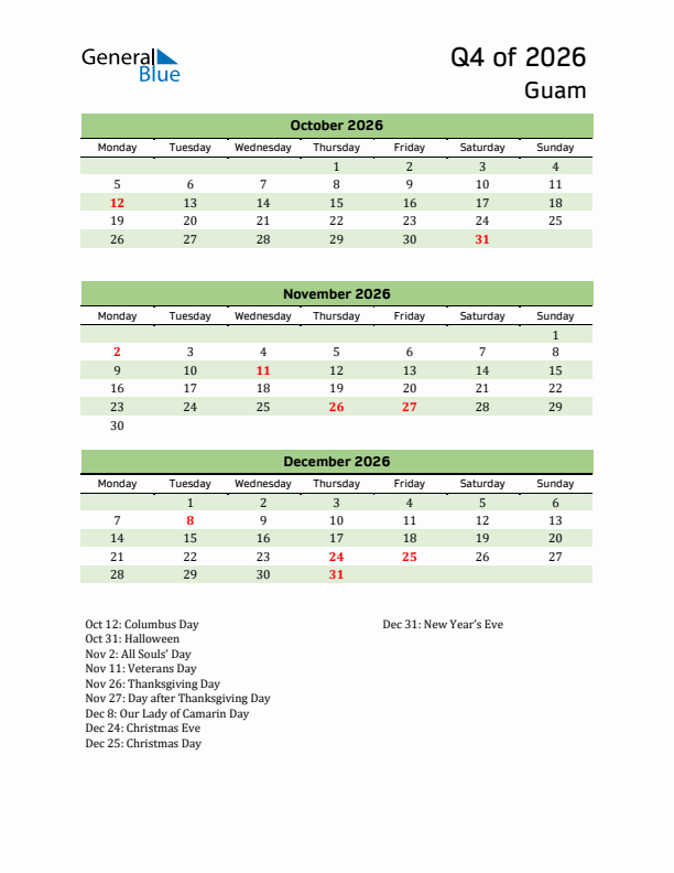 Quarterly Calendar 2026 with Guam Holidays