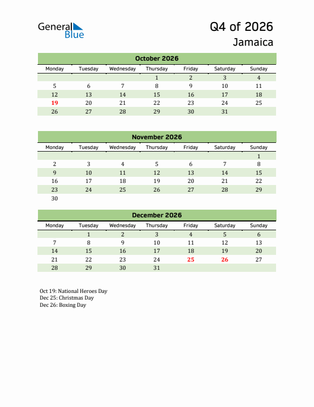 Quarterly Calendar 2026 with Jamaica Holidays