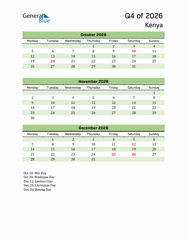 Quarterly Calendar 2026 with Kenya Holidays