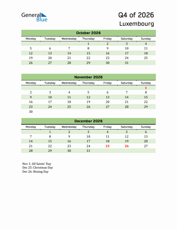Quarterly Calendar 2026 with Luxembourg Holidays