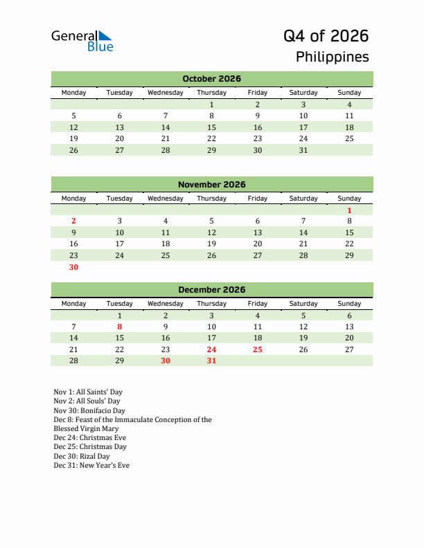 Quarterly Calendar 2026 with Philippines Holidays
