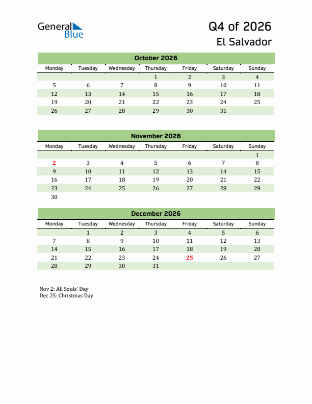 Quarterly Calendar 2026 with El Salvador Holidays