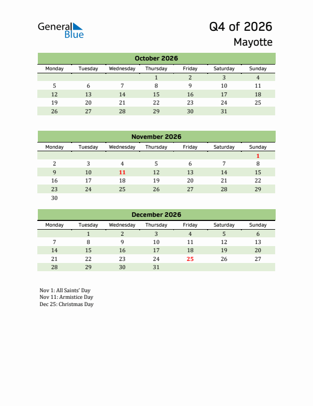 Quarterly Calendar 2026 with Mayotte Holidays