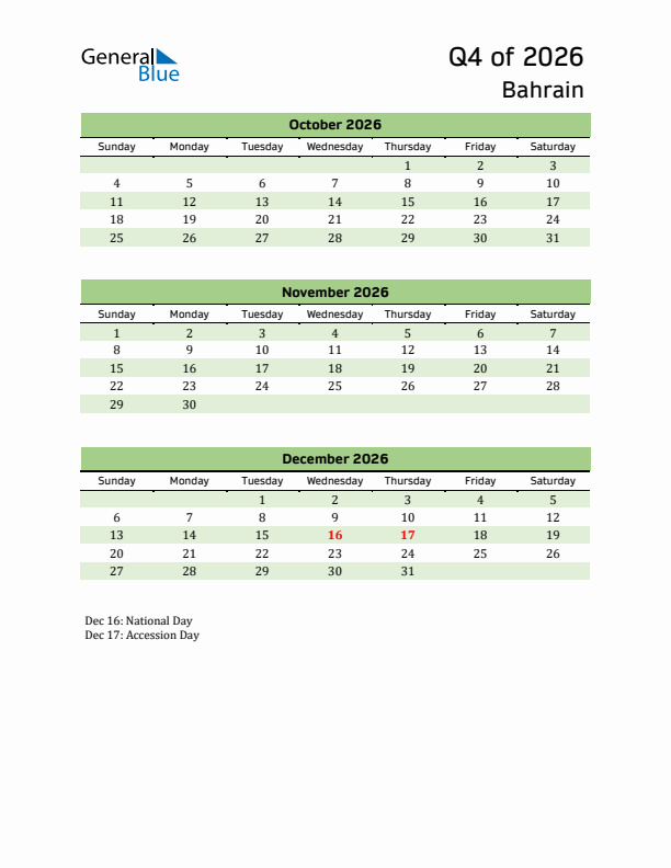 Quarterly Calendar 2026 with Bahrain Holidays