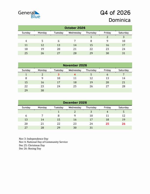 Quarterly Calendar 2026 with Dominica Holidays