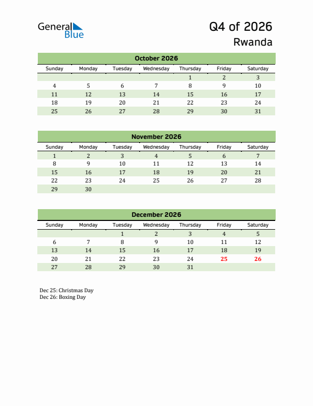 Quarterly Calendar 2026 with Rwanda Holidays