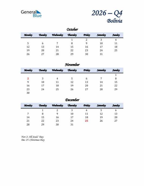 October, November, and December Calendar for Bolivia with Monday Start