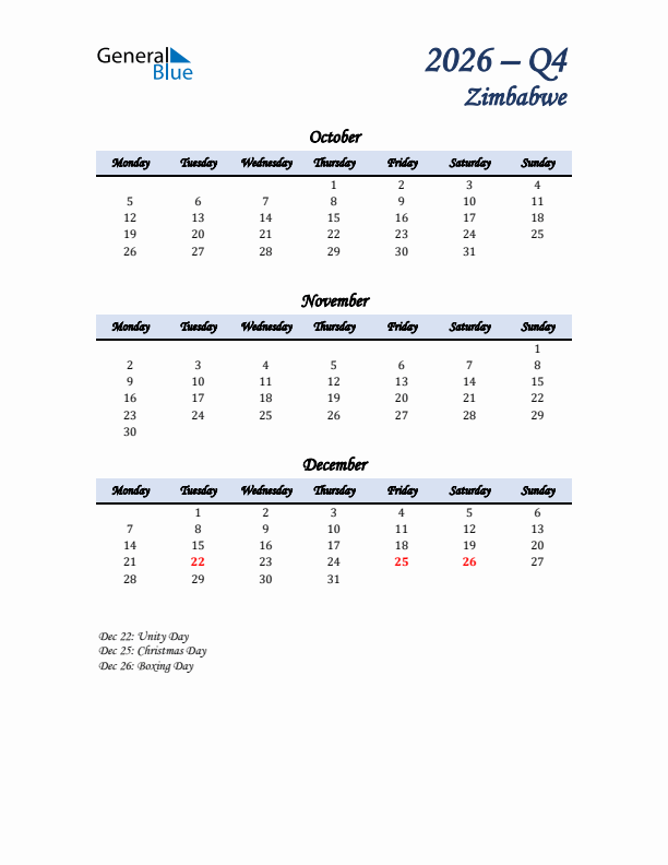 October, November, and December Calendar for Zimbabwe with Monday Start